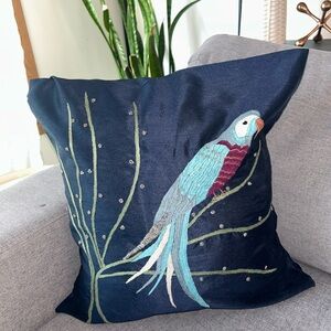 ZARDOZI The Silk Shantung Embroidered and Embellished NAVY Parrot Pillow Case